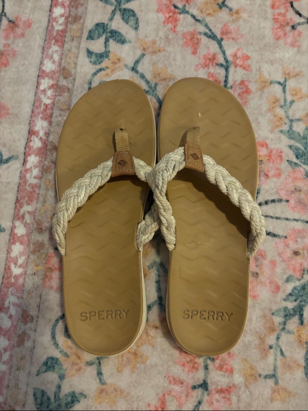 Sperry Braided Rope Flip Flops in Tan and Cream